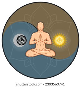 Vector design of man meditating in lotus position, man transcending nirvana to a higher plane, man doing yoga with yin yang symbol in background