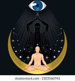 Vector design of man meditating in lotus position, man transcending to a higher plane nirvana, man doing yoga on a medial one with all seeing eye