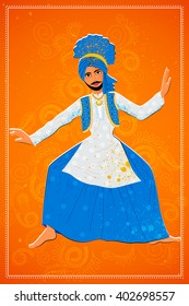 Vector design of man performing Bhangra folk dance of Punjab, India
