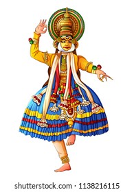 Vector design of man performing Kathakali classical dance of Kerala, India