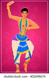 Vector design of man performing Mohiniattam classical dance of Kerala, India