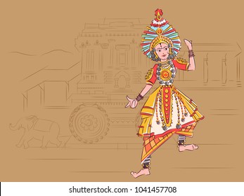 Vector Design Of Man Performing Yakshagana Classical Dance Of Karnataka, India