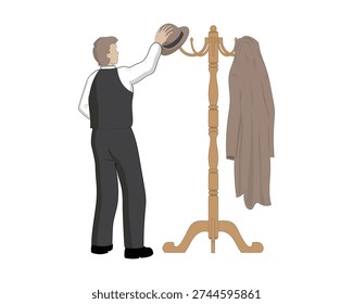 Vector design of a man seen placing his suit and hat on a vintage wooden clothes hanger rack made of brown wood