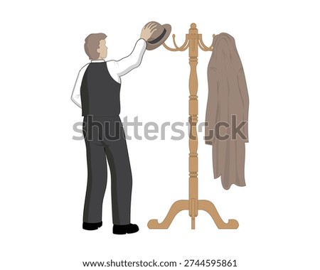 Vector design of a man seen placing his suit and hat on a vintage wooden clothes hanger rack made of brown wood