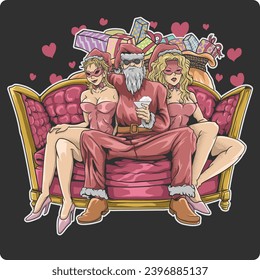 vector design of man sitting in the middle of two women celebrating christmas