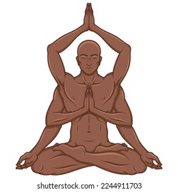 Vector design of man with six arms doing yoga in lotus flower position