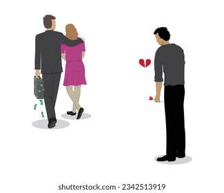 vector design of a man standing holding a flower looking at a woman in a pink shirt walking with another man wearing a black suit and holding a briefcase filled with money