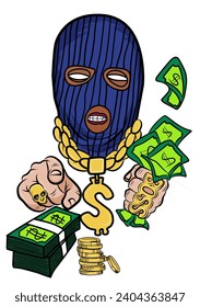 vector design of man wearing ski mask and holding money, design for t-shirts, Hoodies, bags and more