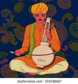 Vector design of Manganiar artist playing Kamaicha folk music of Rajasthan India on floral background
