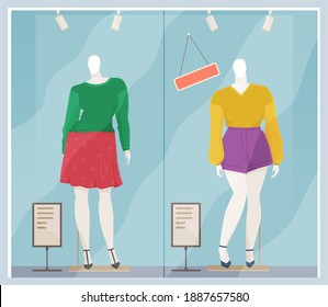 Vector design of a mannequin for women's clothes showcase. Female figure full length fashion clothing store equipment on blue background. Human body replica to show model clothes. Dress shop
