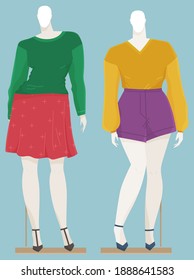 Diseño vectorial de un maniquí para la vitrina de mujeres. Figura femenina de largo completo equipo de almacenamiento de ropa de moda en fondo azul. Réplica del cuerpo humano para mostrar ropa de modelo. Tienda de ropa