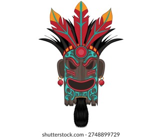 vector design of a mask in a culture or tradition similar to the tiki tribe made of wood with several ornaments and carvings and three feathers on the top consisting of red, yellow, black and light blue colors