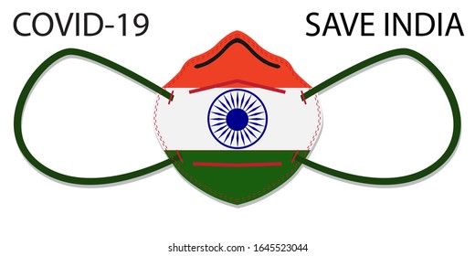 Diseño vectorial símbolo de máscara relleno color de la bandera INDIA. Y texto "COVID-19" y "SAVE JAPÓN" .EPS.file.