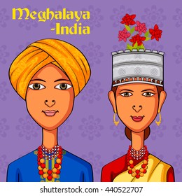 Vector design of Meghalayan Couple in traditional costume of Meghalaya, India