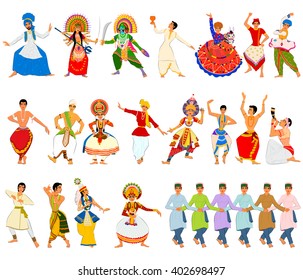 Vector design of men performing classical and folk dance of India