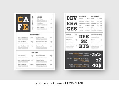 Vector design menu for cafes and restaurants with horizontal blocks for food and drinks. The template is front and back of A4 format, with outer lines and orange text elements.