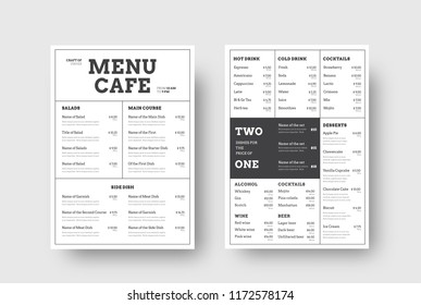 Vector design menu for cafes and restaurants with the division into blocks of thin lines. Front and back A4 format template, list of dishes and special offers.