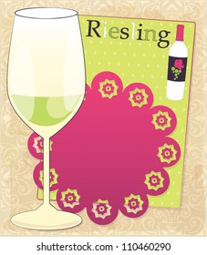 Vector design for menu, invitation, card  with glass and bottle of white German wine - Riesling on decorative background