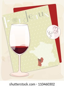 Vector design for menu, invitation, card  with glass for French red wine - Bordeaux on the background with France map lowers ornament