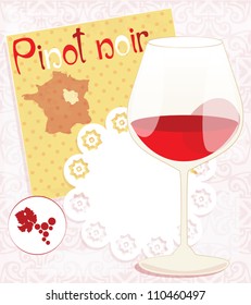 Vector Design For Menu, Invitation, Card  With Glass For French Red Wine - Burgundy On The Background With France Map And  Ornament