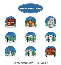 Vector design merry Christmas greeting card. Lovely winter flat house, winter flat forest landscape, sweet snowman. Festive colors, blue, green, yellow, white background