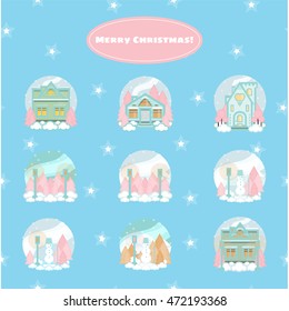 Vector design merry Christmas greeting card. Lovely winter flat house, winter flat forest landscape, sweet snowman. Tender girlish colors in shabby style, mint green, pink, blue background