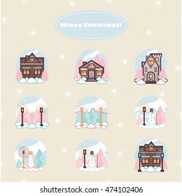 Vector design merry Christmas greeting card. Lovely winter flat house, winter flat forest landscape, sweet snowman. Tender colors in shabby style, green, pink, gray, beige background