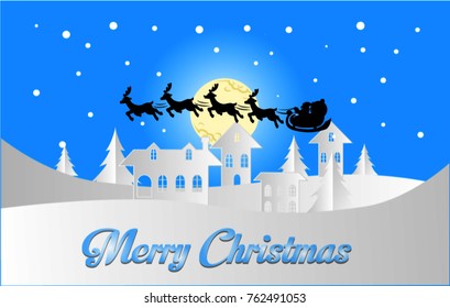 Vector Design Merry Christmas and Happy New Year. Illustration of Santa Claus on the sky coming to City ,paper art and craft style