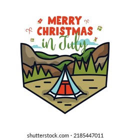 Vector design with Merry Christmas In July inscription and camp tent in nature