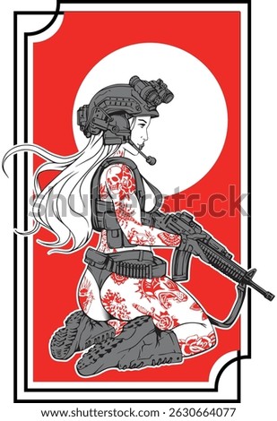 Vector design military print on t-shirt, girl in pin up style monochrome drawing. Girl in camouflage, machine gun, military helmet, army, whole body in tattoos