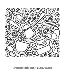Vector design of modern poster. Aroma natural coffee set on white background. Group doodle elements, art line hand drawing sketch of grain, beans, cup, mill, dessert for print, cafe, organic food shop