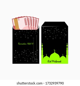 Diseño vectorial de tarjetas regalo de dinero Eid Mubarak o la celebración de Eid Al-Fitr con dinero rupia / indonesio dentro. se suele dar a los miembros de la familia o a los niños en el año nuevo ramadan/islam.
