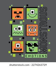 vector design of monsters emotions and square green and orange colors and gray background com palavra monstrous