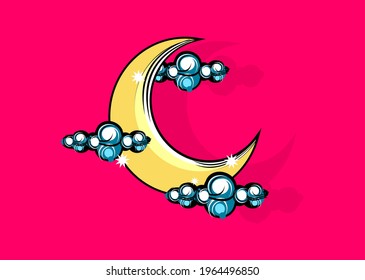 vector design of moon and cloud art with pink background