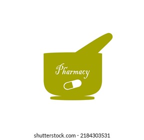 Diseño vectorial de mortero y almirez de color verde oliva de la farmacia contra fondo blanco. Con , cápsula, signo de farmacia.