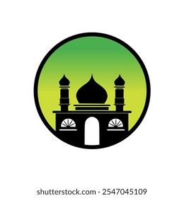 Diseño de Vector de la silueta del logotipo del símbolo de la mezquita con minarete sobre fondo verde degradado, que simboliza la cultura y la espiritualidad islámicas en diseño circular.