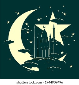vector design of mosque,moon and stars at night