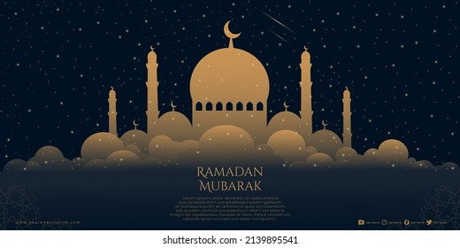 Vector design of mosques and clouds of simple elegant gold gradations, suitable for banners, social media, greetings and others with the theme of ramadan