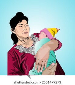 
vector design of mother holding her cute baby, for children's book covers, t-shirt logos and other things