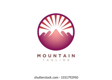 Vector design of the mountain and the sun in a minimalist and simple shape in a circle