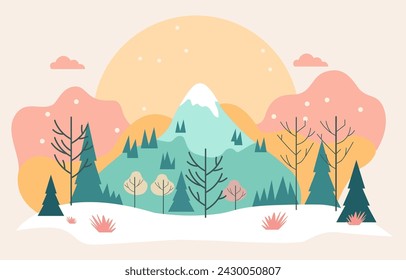 Vector Design of Mountain View with Big Sun in Summer