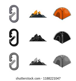 Vector design of mountaineering and peak icon. Set of mountaineering and camp stock symbol for web.