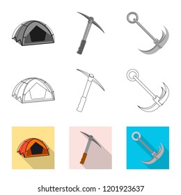 Vector design of mountaineering and peak sign. Set of mountaineering and camp vector icon for stock.