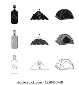 Vector design of mountaineering and peak sign. Set of mountaineering and camp stock vector illustration.