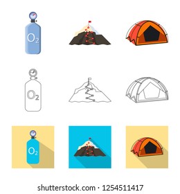 Vector design of mountaineering and peak sign. Set of mountaineering and camp stock vector illustration.