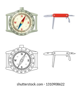 Vector design of mountaineering and peak sign. Set of mountaineering and camp stock symbol for web.
