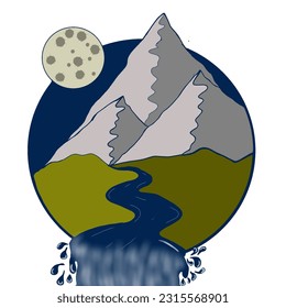 vector design of mountains at night with moon and flowing river which is perfect to use for mountain climbing goods logo
