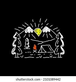 vector design of mountains of trees, camping tent and bonfire in hand drawing