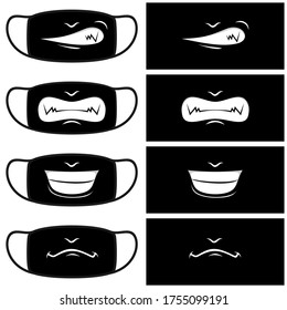 Vector design of mouth expressions for face masker. Set of graphic illustrations for production purposes.