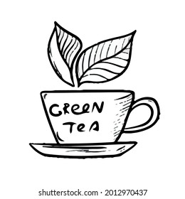 Vector design of a mug with green tea .On a white isolated background for banners with postcards.Coloring, contour